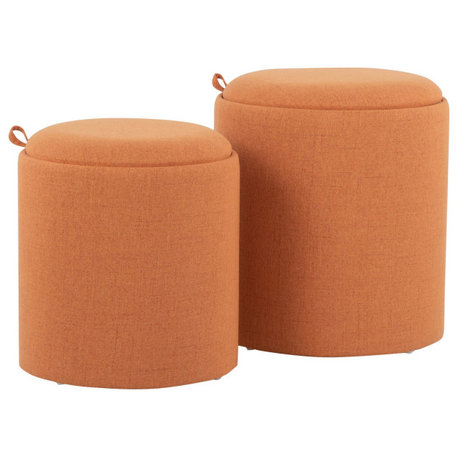 Tray Nesting Ottoman Set, Natural Wood, Orange Fabric