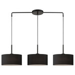 Livex Lighting - Bainbridge 3-Light Black Large Linear Chandelier - The three-light Bainbridge large linear chandelier is both modern and versatile. The hand-crafted black fabric hardback drum shades are set off by an inner silky white fabric that combines with pendant-like black finish sweeping arms which creates a versatile effect. Perfect fit for the dining room, and kitchen.