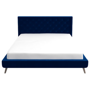 Westerman Midcentury Velvet Tufted Solid Wood Platform Bed, Blue, King