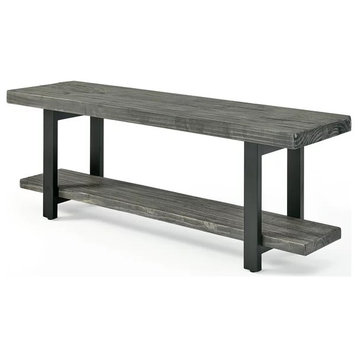 Rustic Storage Bench, Metal Frame With Reclaimed Pine Seat & Shelf, Slate Gray