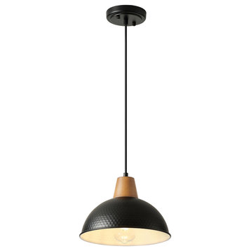 Industrial Farmhouse Pendant Light With Metal Shade and Wood Grain Design, Black