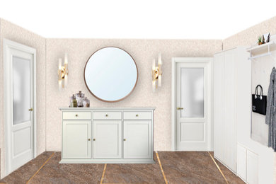 Diseño de entrada clásica pequeña con paredes beige, suelo de baldosas de porcelana, suelo marrón y papel pintado