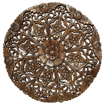 Asian Round Lotus Wood Plaque Carved Wood Wall Art Decor 24", Brown