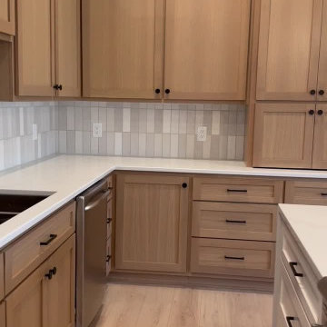 Custom Oak Cabinetry with Vertical Tile Backsplash - St. Michael Kitchen Remodel