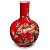 Red Cherry Blossom Chinese Porcelain Temple Vase, With Stand