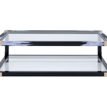 54" X 18" X 34" White Brushed Black Gold And Clear Glass Coffee Table
