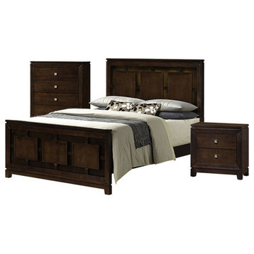 3 Pieces Bedroom Set, Tri Panel Bed With Nightstand & Vertical Dresser, Queen