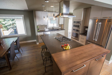 Large arts and crafts u-shaped medium tone wood floor eat-in kitchen photo in Calgary with an undermount sink, white cabinets, gray backsplash, stainless steel appliances and an island