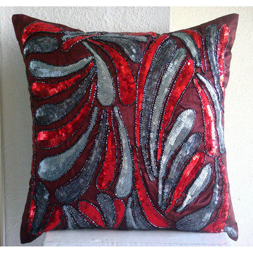 Red Art Silk 18"x18" Metallic Sequins Throw Pillows Cover, Royal Spalsh
