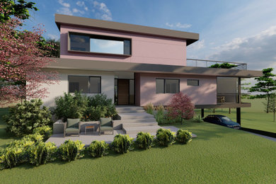 Inspiration for a contemporary three-story stucco exterior home remodel in Charlotte with a green roof and a white roof