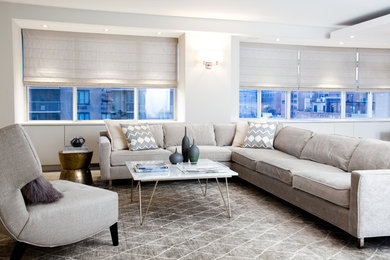 Contemporary open concept living room in New York with white walls.