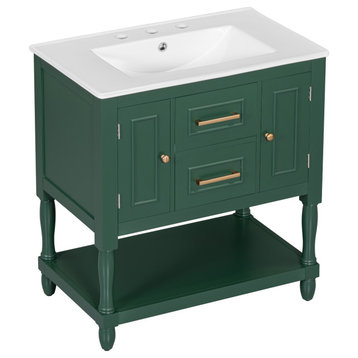 30" Freestanding Bath Vanity Cabinet, Ceramic Sink Top, Green