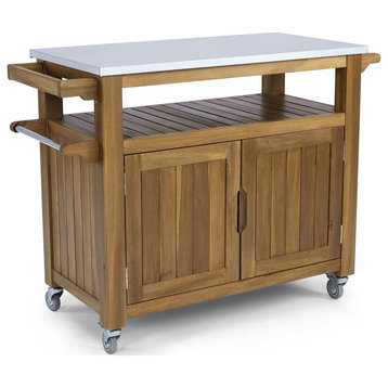 Unique Kitchen Cart, Acacia Wood Construction With Cabinet & Open Shelf, Brown