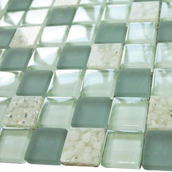 Matte Mint & Glossy Blue White Sea Shells Glass Mosaic Tiles (Square Pattern) - Home Accessories & Decor