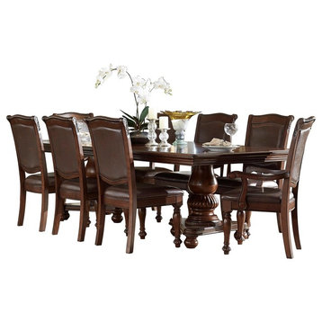 9-Piece Licona Dining Pedestal Table, 2 Arm Chair, 6 Side Chair, Brown Cherry