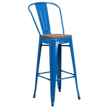 Flash Furniture 30" Metal Bar Stool in Blue and Wood Grain