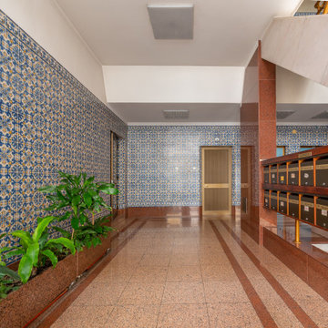 Building Atrium with Patterned Azulejo Tile and Mailboxes