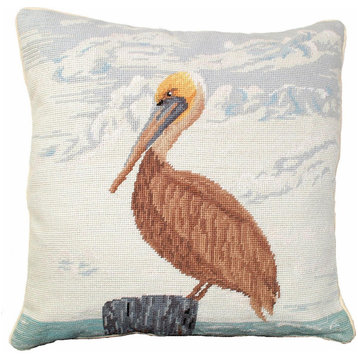 Throw Pillow Needlepoint Pelican Bird 18x18 Brown Light Beige Blue