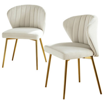 Milia Modern Audrey Velvet Dining Chair With Metal Legs Set of 2, Ivory