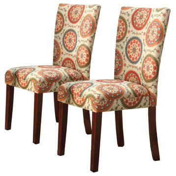 Set of 2 Dining Chair, Comfortable Polyester Seat With Suzani Pattern, Orange