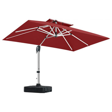 Modern Outdoor Umbrella, 360° Rotating Double Top Rectangular Canopy, Burgundy