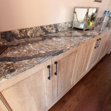 Rustic Dining Room/Wet Bar with Cherry Cappuccino Cabinets and Quartz Countertop