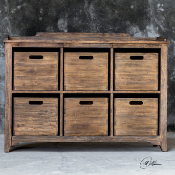 Rustic Vintage Antique Style Storage Bin Hobby Cabinet Cupboard Six Drawer Wood