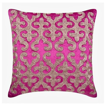 Pink Pillow Cover, Arabic Velvet Gold 26"x26" Velvet, Flaming Fuchsia