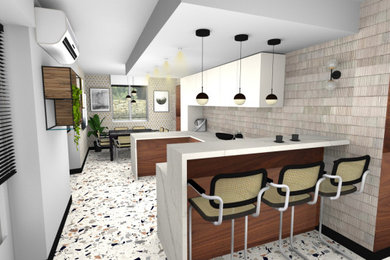 Cette image montre une grande cuisine minimaliste en U fermée avec plan de travail en marbre, un sol en terrazzo, une péninsule, un sol blanc et un plan de travail blanc.