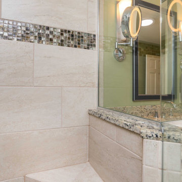 Traditional Primary Bath With a White Vanity Tower and Curbless Shower