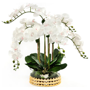 Real Touch Cream Orchid Arrangement in a Glass Gold Bowl