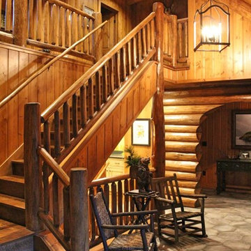 Log Handrail Stairwell to Upper Level in Log Lodge