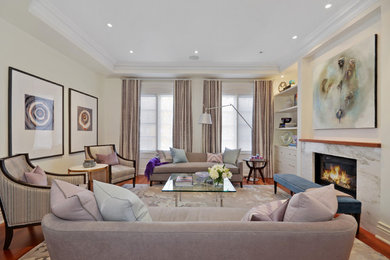 Inspiration for a large transitional formal and enclosed light wood floor living room remodel in Toronto with white walls, a standard fireplace, a stone fireplace and no tv