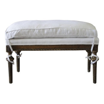 20th Century Louis XVI Style Giltwood Bench Upholstered in White Belgian Linen