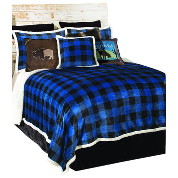 Blue Lumberjack Buffalo Plaid Sherpa Fleece 4-Piece Comforter Set, Queen