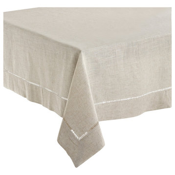 Classic Hemstitched Linen Blend Tablecloth, Natural, 65"x120" Oblong