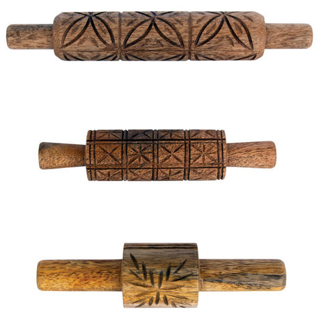 Various Hand-Carved Mango Wood Rolling Pins, Natural, Set of 3