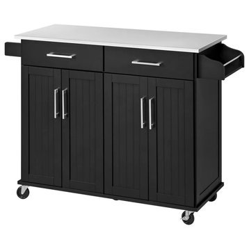 Spacious Kitchen Cart, Grooved Doors & Drawers With Stainless Steel Top, Black