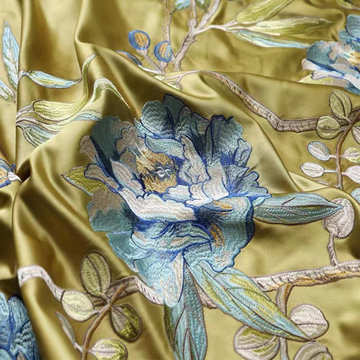 QYHL225Q Silver Beach Embroidered Blooming Flowers Yellow Faux Silk Custom Made