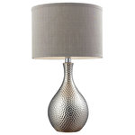 Elk Home - 22" Hammered Chrome Table Lamp, Chrome, led - This lamp is part of a collection that is relaxed, comfortable and pure with a focus on light color and metallic. Tonal whites, neutrals, soft gold, silver and copper hues dominate this sensibility. The collection also makes use of interesting textures, such as soft wood grain surfaces, light, high gloss finishes, natural tones and monochromatic patterns with organic shapes and modern designs. The Hammered Chrome Plated Ceramic Table Lamp is topped with a round hard back shade in grey faux silk with a grey fabric liner. The base measures 12"W x 12"D x 22"H with shade measurements of 12''W x 12"D x 9"H. Requires one 9.5 LED medium base bulb (included).