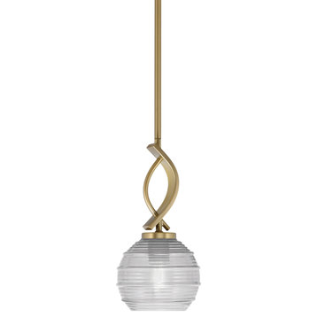 Cavella 1-Light Stem Hung Mini Pendant, New Age Brass, 6" Clear Ribbed Glass