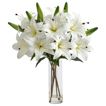 25in. Artificial Lily Arrangement with Cylinder Glass Vase