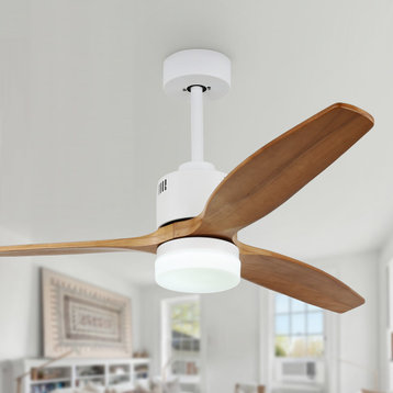 52" White Solid Wood LED Ceiling Fan with Dimmable Light and Remote Control