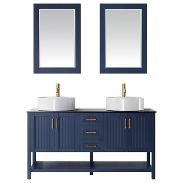60" Double Vanity, Royal Blue, Glass Countertop, White Vessel Sink, Mirror