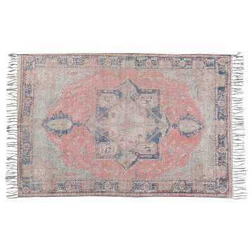 Cotton Chenille Distressed Print Rug With Fringe, Orange, Brown and Cream