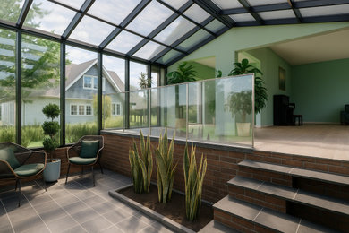Mittelgroßer Moderner Wintergarten ohne Kamin mit Keramikboden, Glasdecke und grauem Boden in Berlin