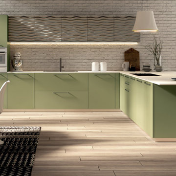 Modern two toned green and silver textured kitchen