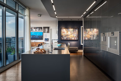 Example of a mid-sized minimalist galley medium tone wood floor and brown floor open concept kitchen design in Atlanta with an undermount sink, flat-panel cabinets, gray cabinets, quartz countertops, stainless steel appliances, an island and multicolored countertops