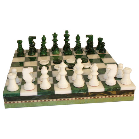 Green and White Alabaster Inlaid Chest, Chess and Checkers Set