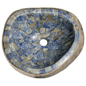 Natural Boulder Granite Vessel Sink With Blue Sodalite Inlay, Design 16